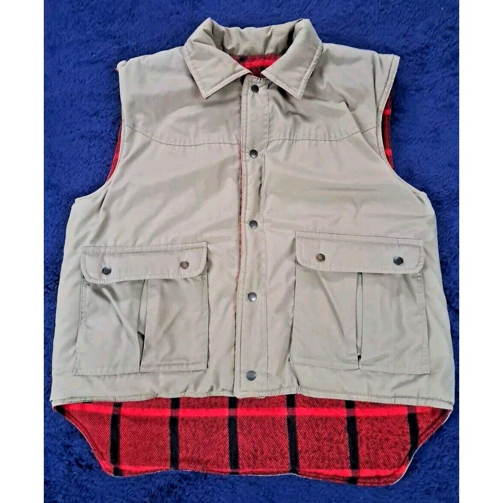 Mens Reversible Vest Size L Khaki/Red Plaid Avalanche Mountain Gear Snap Front
